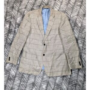 Tasso Elba 100% Linen Windowpane Check Unstructured Blazer Beige Summer XL 46R